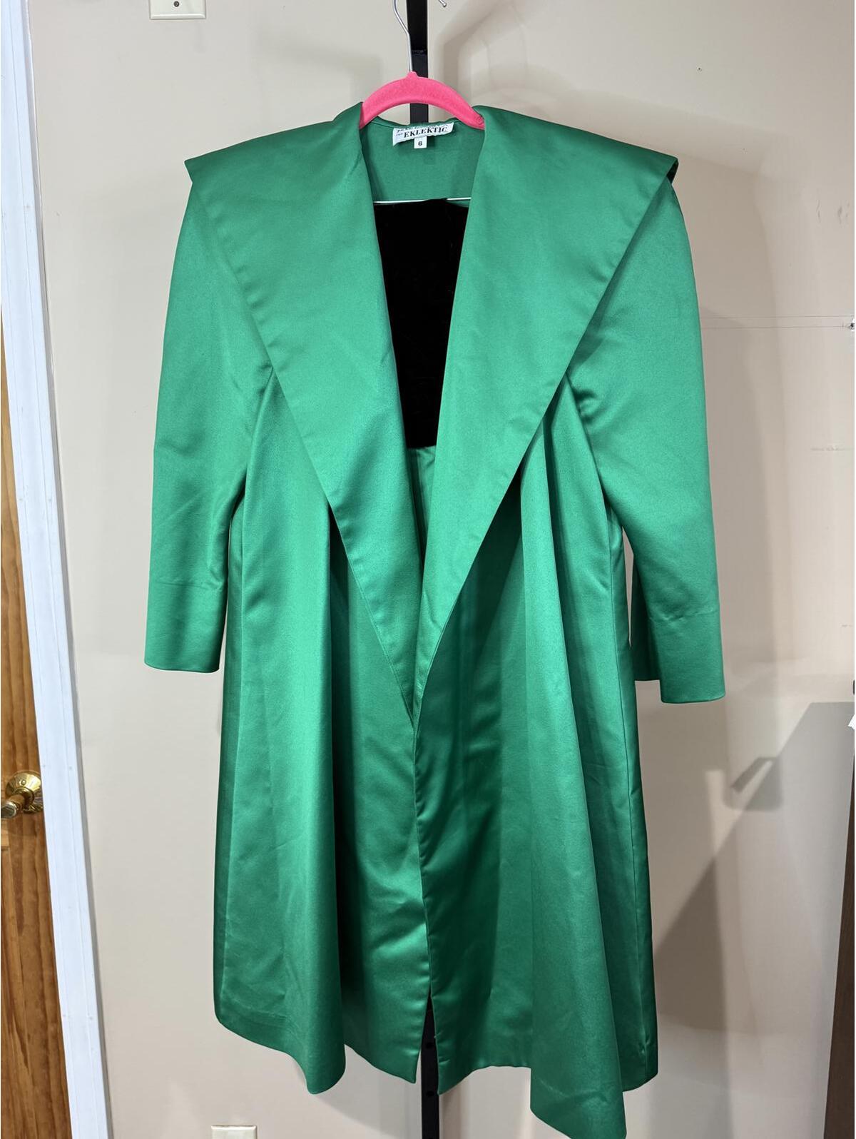 Xs 80s Green Satin Black Velvet Thin Strap Cocktail Dress Satin Swing Jacket